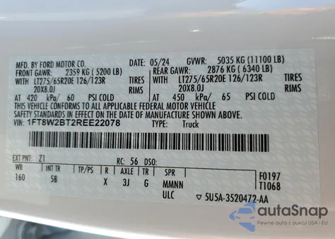 2024 Ford F250 Super Duty из США, поврежденный, VIN 1FT8W2BT2REE22078